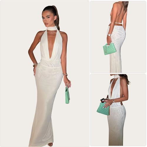 Damen Elegantes Maxikleid mit tiefem Wasserfall-Ausschnitt und schmalem Schnitt R&B