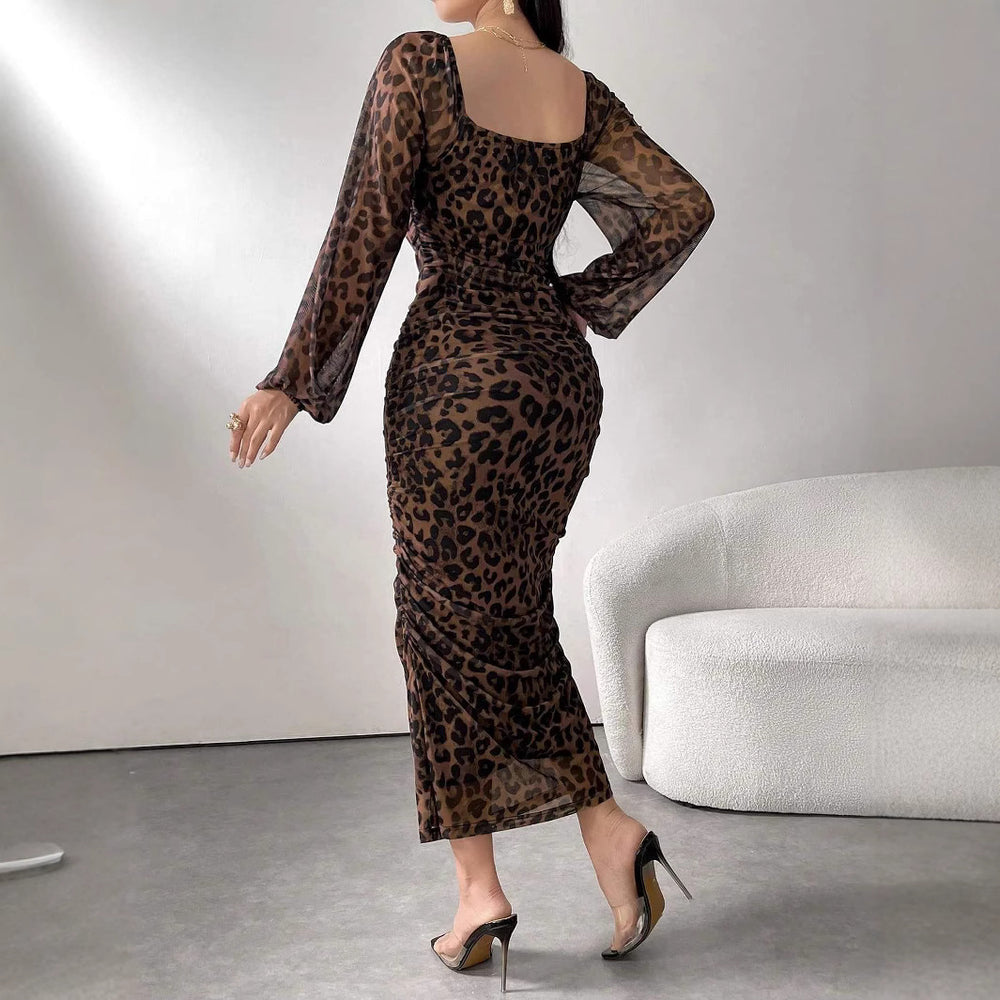 Damen elegantes Kleid mit Leopardenmuster und Puffärmeln R&B