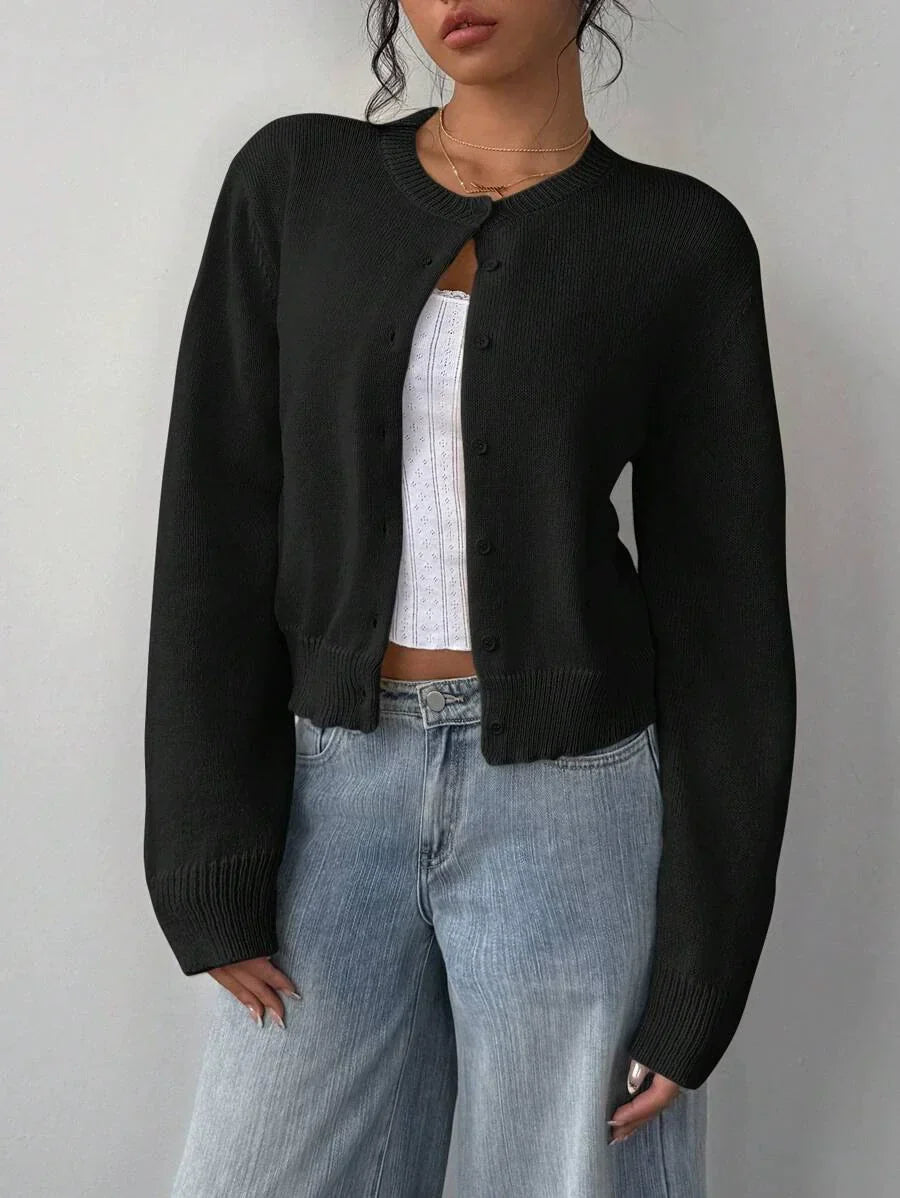 R&B | Strickjacke Pullover Weiche Strickware Cropped Fit Knopf Front Rippensaum