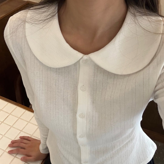 Damen Langarm-Crop-Top mit stilvollem Kragen und Knopfleiste R&B