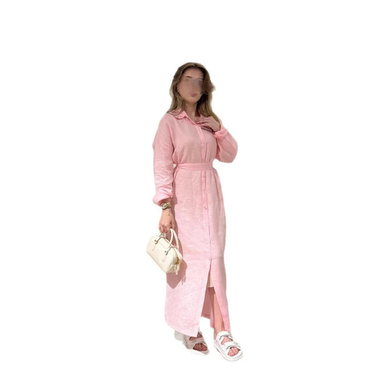 Damen Langarmhemdkleid mit Taillengürtel und Knopfleiste R&B