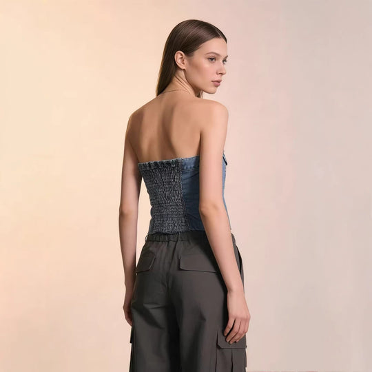 Damen Denim Bustier-Top mit Knopfdetail und Fransen R&B