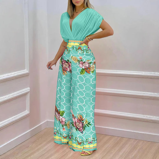 Damen Blusenset mit weitem Hosenbein und floralem Print R&B