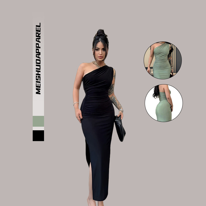 Damen Elegantes One-Shoulder-Maxikleid mit figurbetontem Schnitt und seitlichem Schlitz R&B
