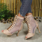 Damen Halboffene High Heel Stiefel mit transparentem Seiteneinsatz und Schnürung R&B