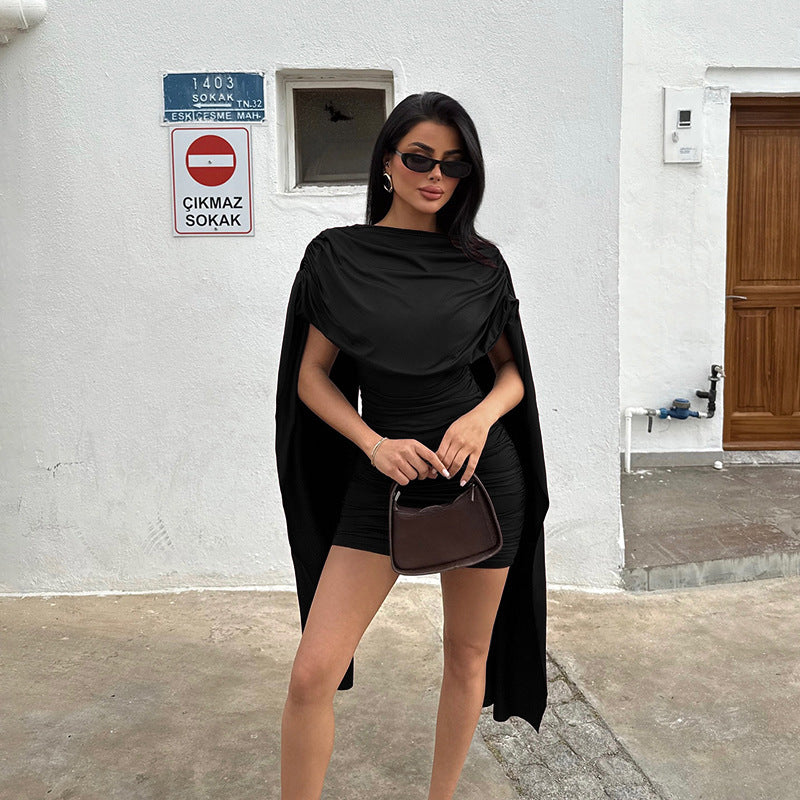 Damen modisches Minikleid mit schickem Überwurf und dezenter Raffung R&B