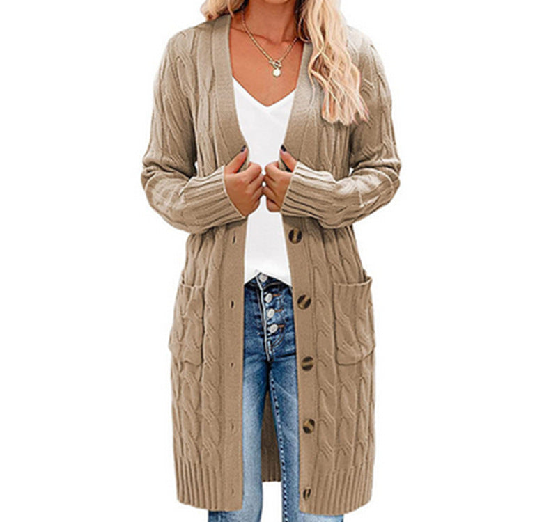 Damen Langer Strickcardigan mit Zopfdesign und praktischen Taschen R&B