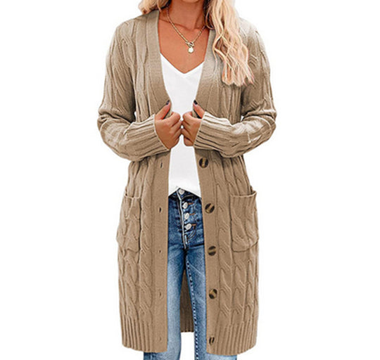 Damen Langer Strickcardigan mit Zopfdesign und praktischen Taschen R&B