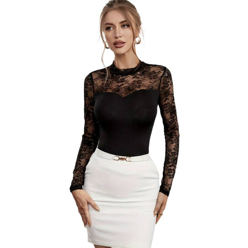 Damen Langarm-Spitzenoberteil mit raffiniertem Herz-Ausschnitt und transparenter Eleganz R&B