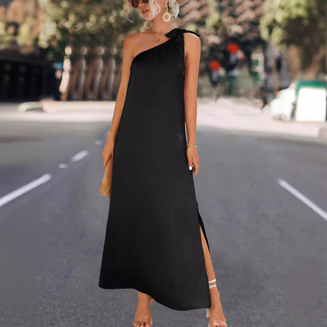 Damen Maxikleid mit asymmetrischem Träger und Seitenschlitz R&B