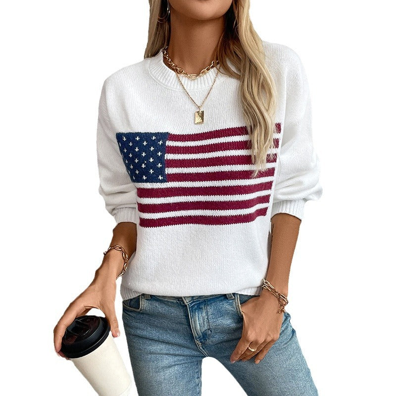 Damen Strickpullover mit Flaggenmotiv und Rundhalsausschnitt R&B