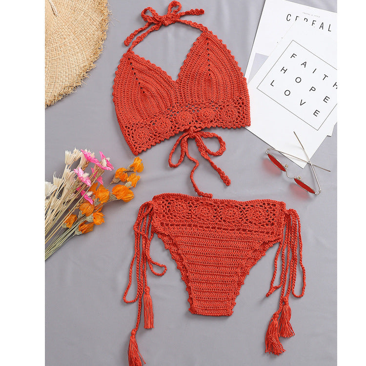 Damen Häkel-Bikini-Set mit verstellbaren Trägern und fransigen Details R&B
