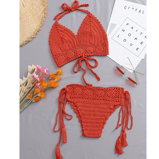 Damen Häkel-Bikini-Set mit verstellbaren Trägern und fransigen Details R&B