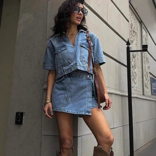 Damen modisches Denim-Kurzoberteil und Rock Set R&B