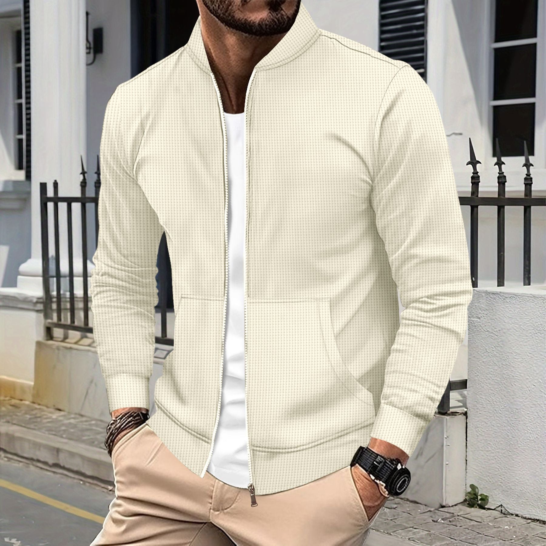 R&B | Zip Jacke Sportliche Passform Strukturierter Stoff Rippkanten Fronttaschen