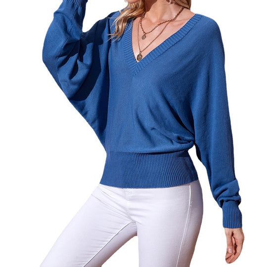 Damen V-Ausschnitt Strickpullover mit weitem Schnitt und gekräuselten Ärmeln R&B
