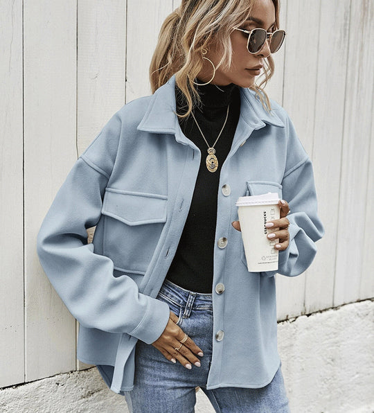Damen Modische Oversized-Jacke mit Taschen und Knopfverschluss R&B