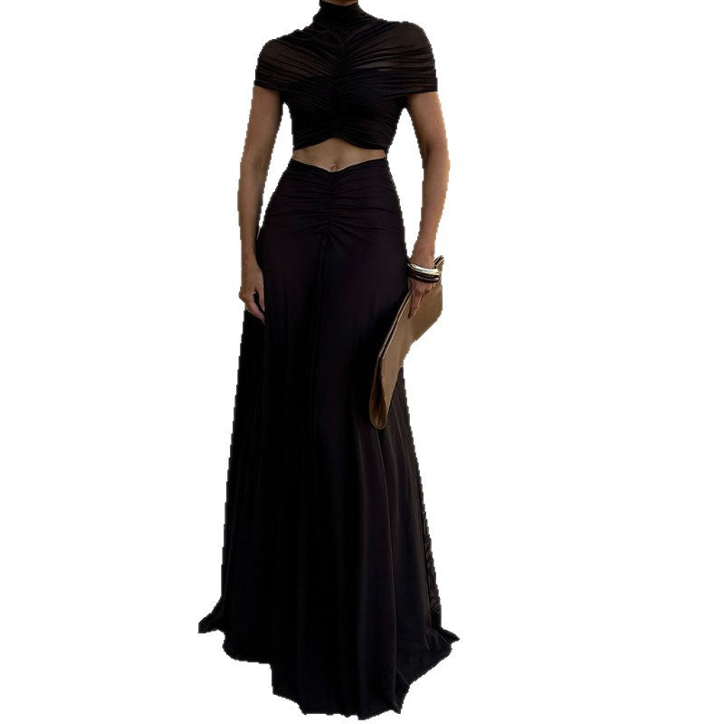Damen Elegantes Maxikleid mit Raffungen und durchsichtigem Oberteil R&B
