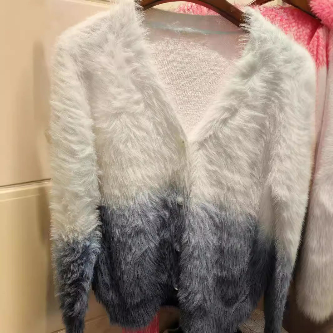 Damen modischer Strickcardigan mit elegantem Kunstfell und Knopfleiste R&B