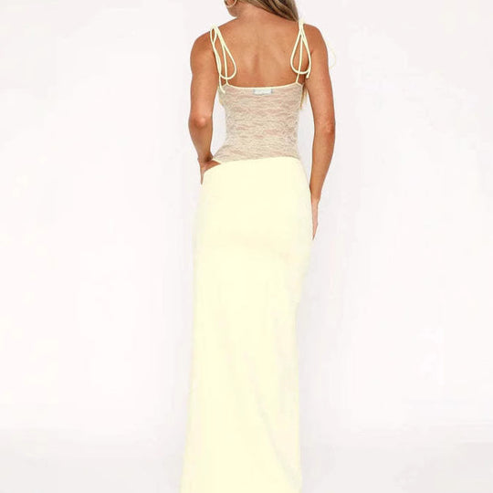 Damen nan elegantes Maxikleid mit transparentem Spitzenmieder Bandeau-Oberteil und Bindeträgern R&B