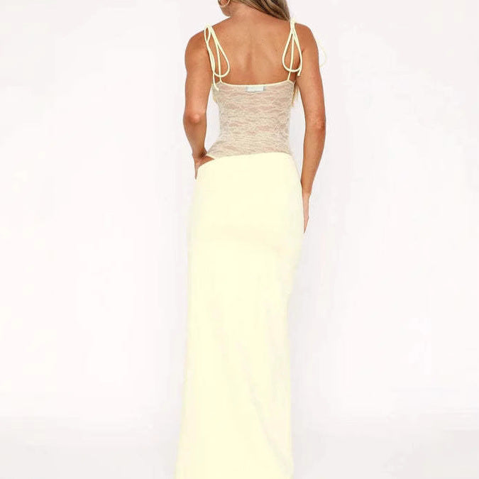 Damen nan Bandeau-Maxikleid mit transparentem Spitzenkorsett und knotbaren Spaghettiträgern R&B