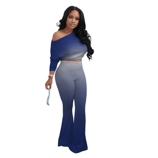 Damen Lässiges Ombre Set mit stilvollem Off-Shoulder Oberteil und figurbetonten Hosen R&B
