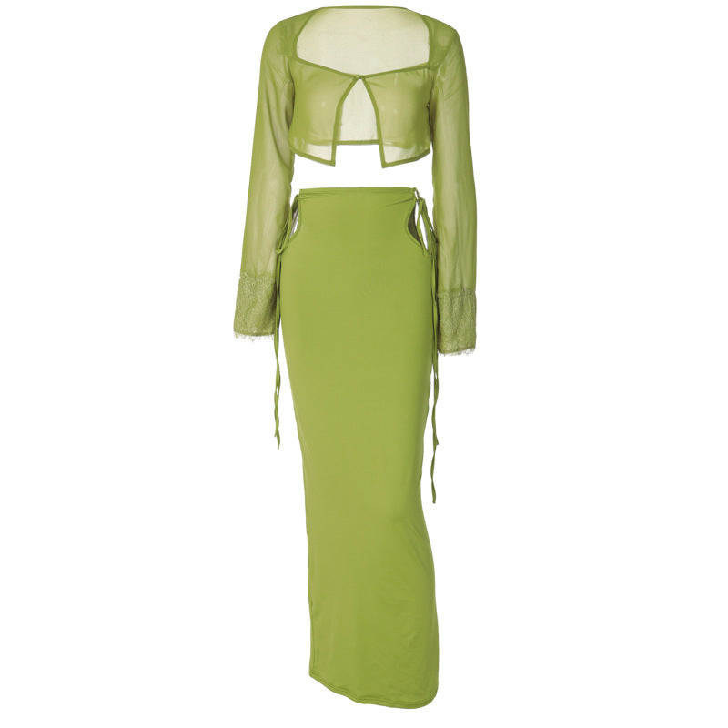 Damen Transparentes Set mit Crop-Top und Maxirock R&B