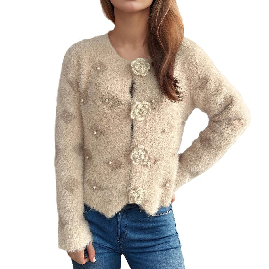 Damen Strickjacke mit floralen Applikationen und perlverzierter Detail R&B