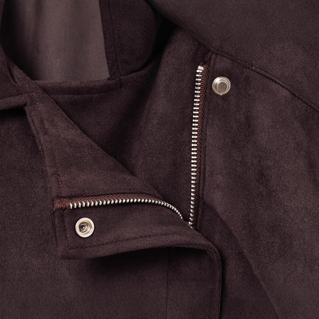Damen stilvolle Suedejacke mit verstellbarem Gürtel und praktischen Reißverschlüssen R&B