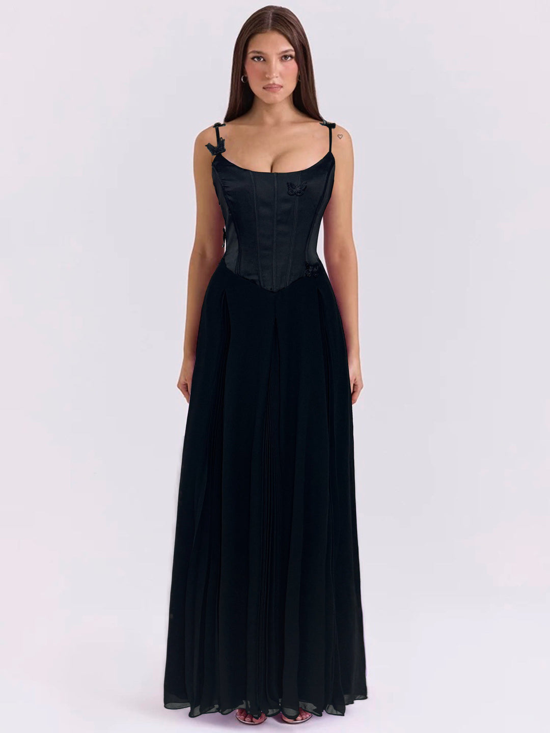 Damen nan figurbetontes Korsett-Maxikleid mit Schmetterlings-Trägern und plissiertem Chiffonrock R&B