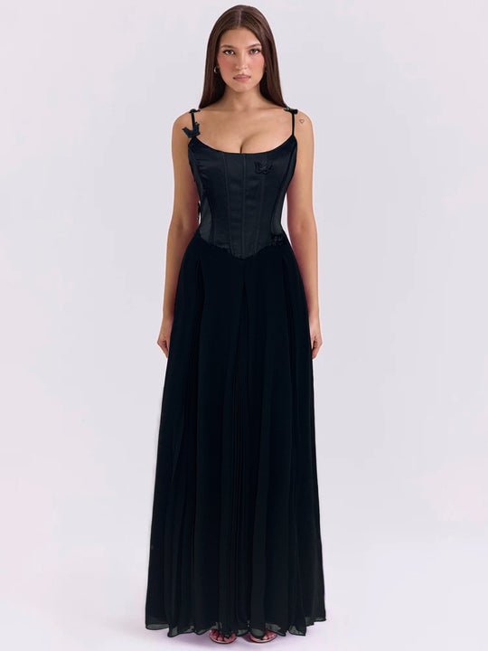 Damen nan figurbetontes Korsett-Maxikleid mit Schmetterlings-Trägern und plissiertem Chiffonrock R&B