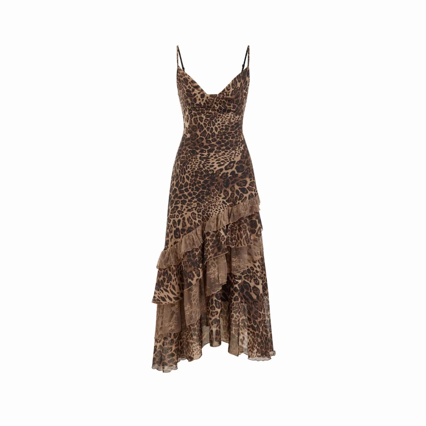 Damen elegantes Midikleid mit asymmetrischem Volant und Animal-Print R&B