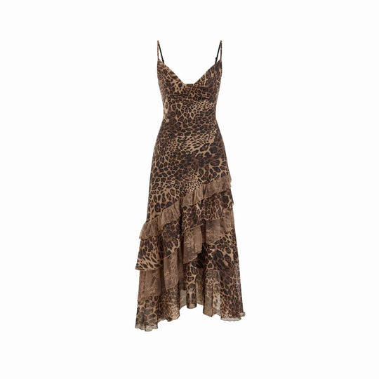 Damen elegantes Midikleid mit asymmetrischem Volant und Animal-Print R&B