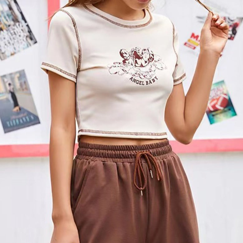 Damen Figurbetontes T-Shirt mit einzigartigem Engel-Motiv und modischem Print R&B