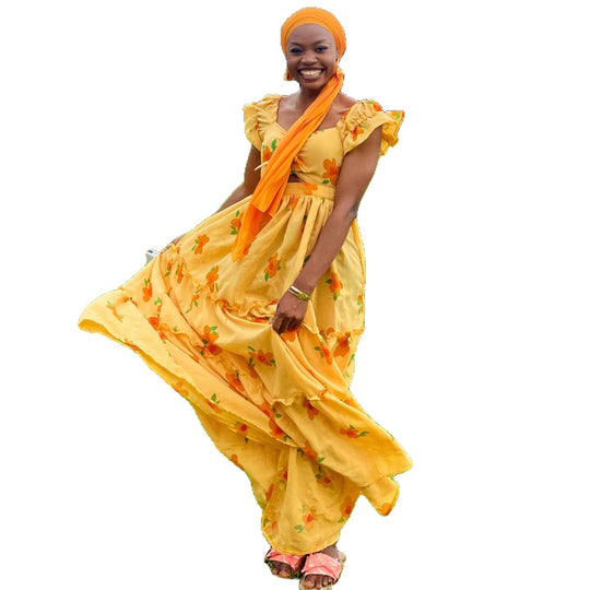 Damen Maxikleid mit voluminösen Rüschen und floralen Akzenten R&B