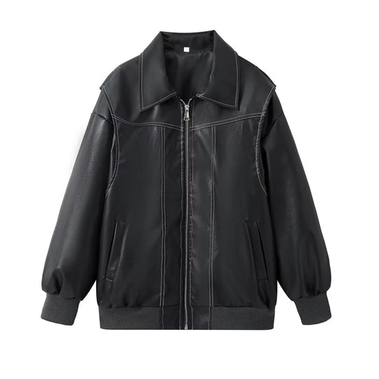 Damen stylische Kunstlederjacke mit voluminösen Ärmeln und praktischen Zipper-Taschen R&B