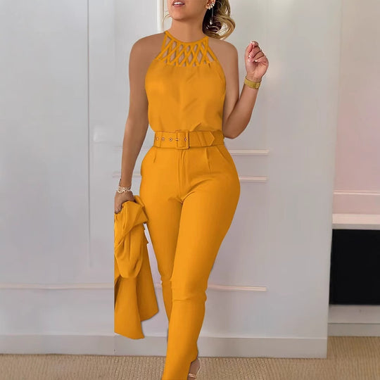 Damen Eleganter Jumpsuit mit schickem Gürtel und raffiniertem Cut-Out R&B