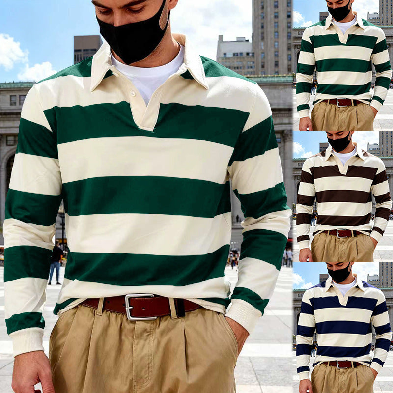 Herren nan gestreiftes Rugby-Poloshirt aus Baumwollmischung mit kurzer Knopfleiste und Rippbündchen R&B