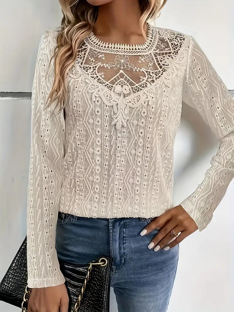 Damen elegante Bluse mit Spitzeneinsätzen und detailliertem Lochmuster R&B