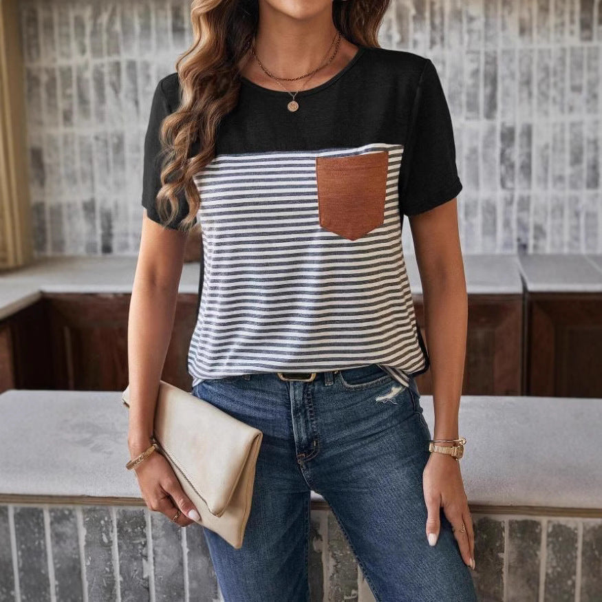 Damen Trendiges T-Shirt mit gestreiftem Design und Leder-Tasche R&B