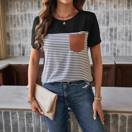 Damen Trendiges T-Shirt mit gestreiftem Design und Leder-Tasche R&B