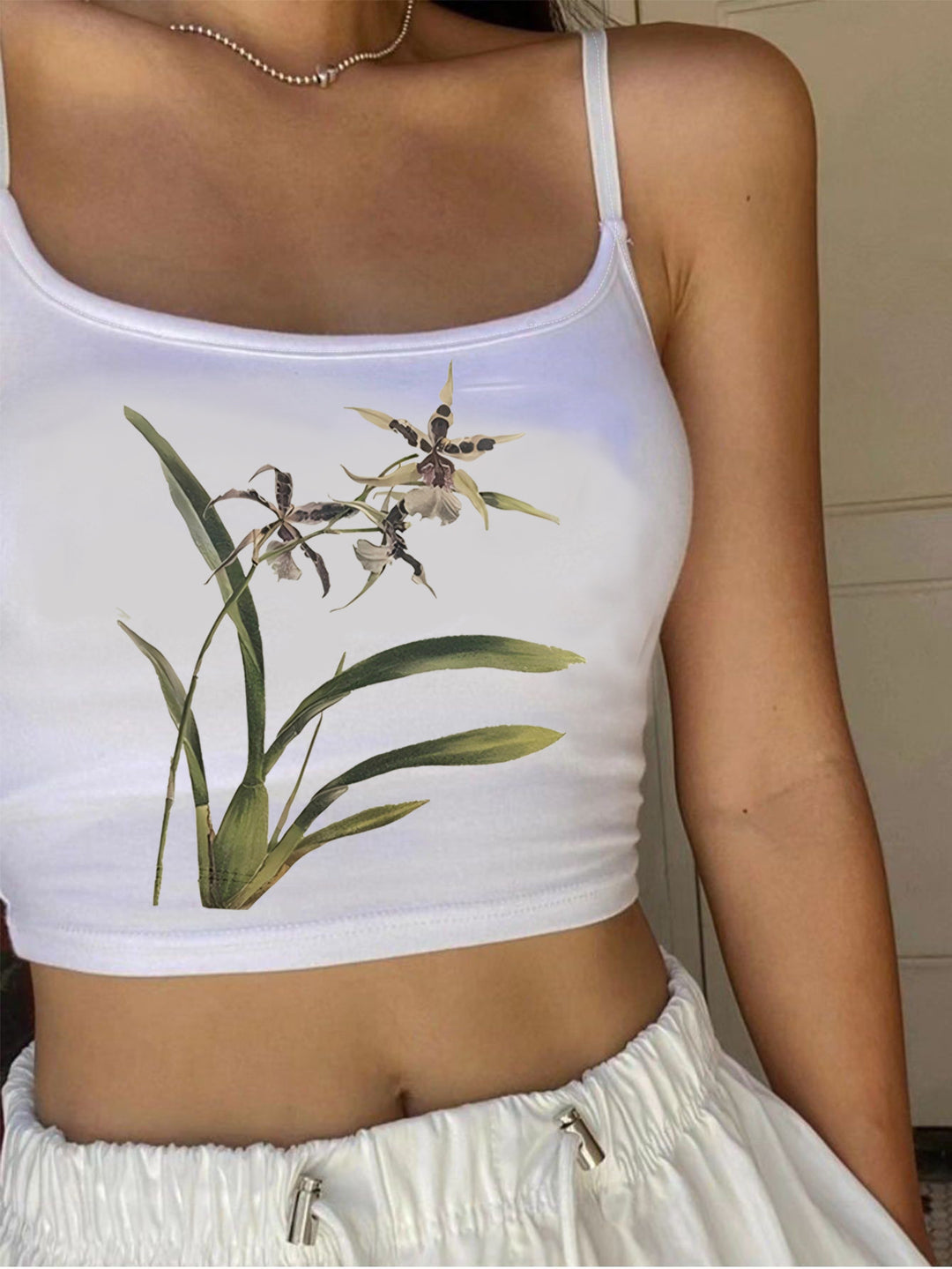 Damen Crop-Top mit floralem Design und schmalen Trägern R&B