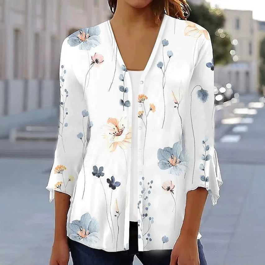 Damen nan leichte Chiffonbluse mit Aquarellblumenprint, V‑Ausschnitt, Knopfleiste und dreiviertelärmeln R&B