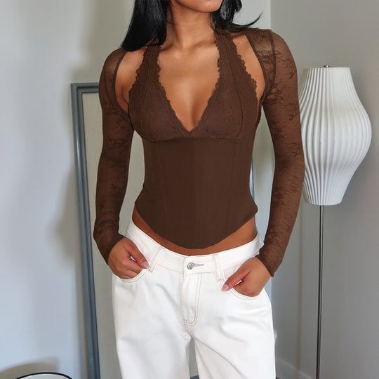 Damen eleganter Body mit Spitzendetails und tiefem V-Ausschnitt R&B