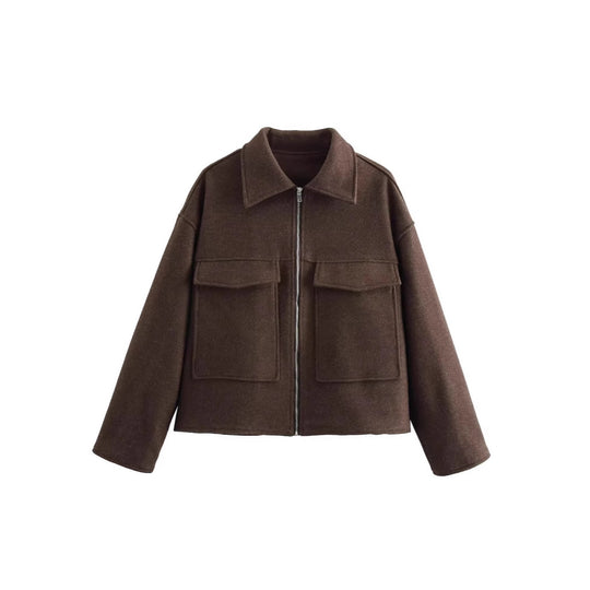 Damen lässige Overshirt-Jacke mit Taschen und Reißverschluss R&B