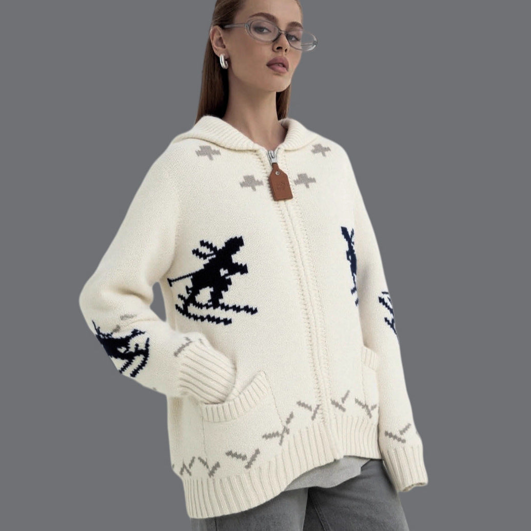 Damen Strickjacke mit Kapuze und sportlichem Muster R&B