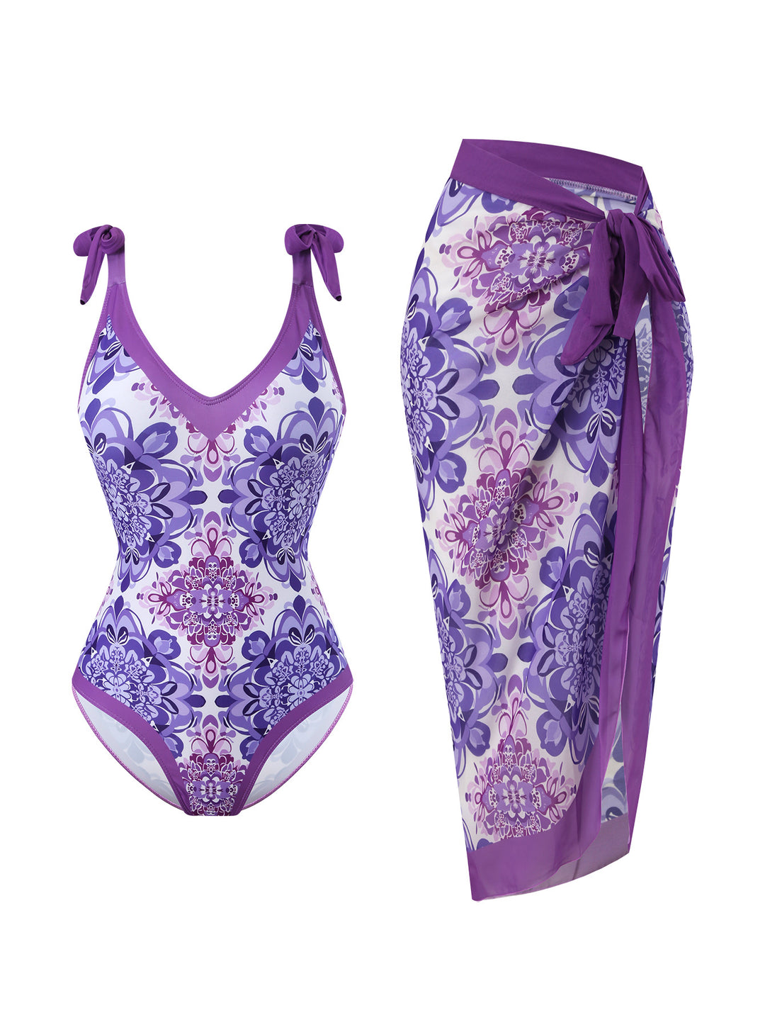 Damen Badeanzug mit floralem Design und transparentem Wickelrock R&B
