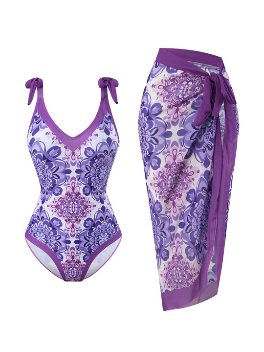 Damen Badeanzug mit floralem Design und transparentem Wickelrock R&B