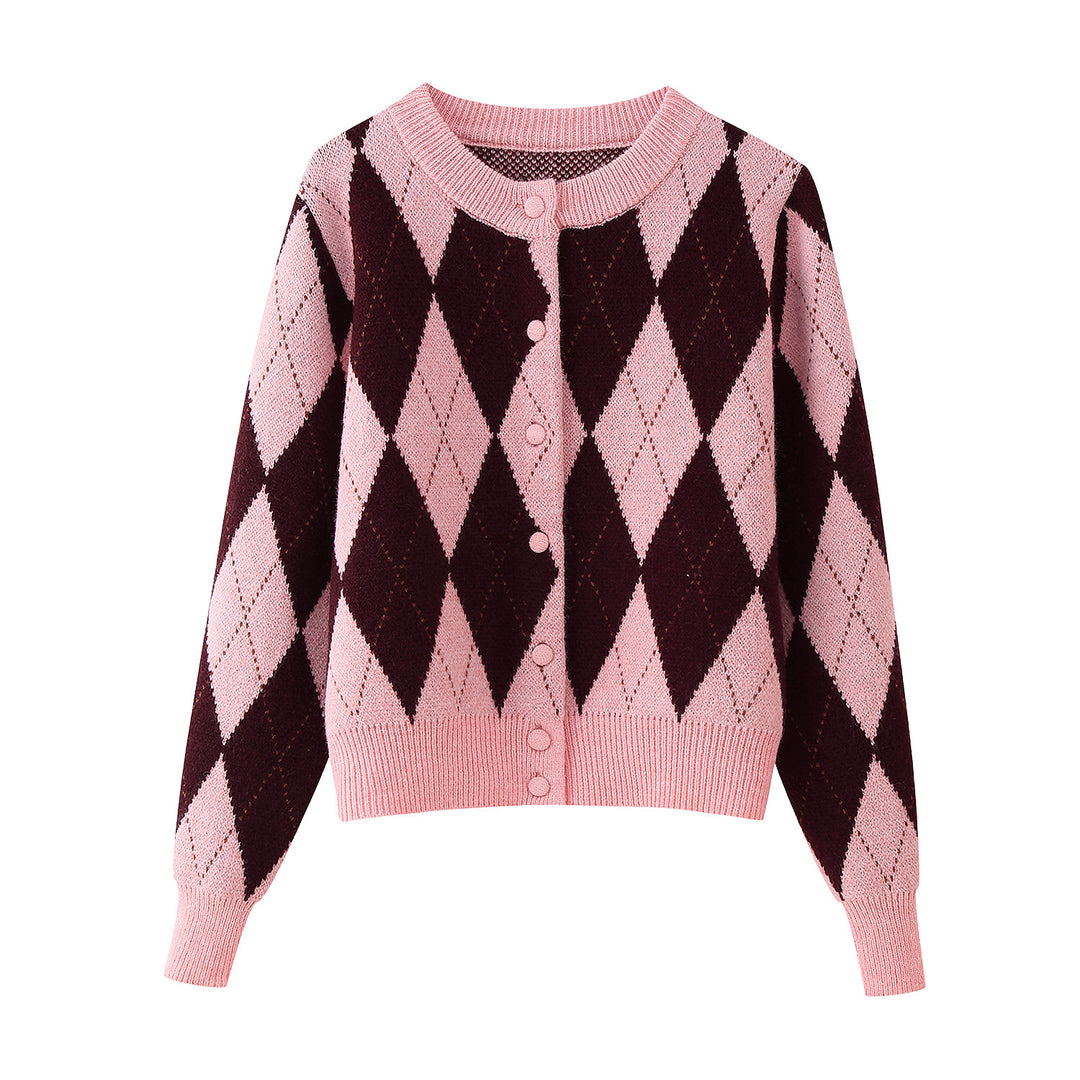 Damen Strickjacke mit Rautenmuster und Knopfverschluss R&B