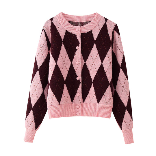 Damen Strickjacke mit Rautenmuster und Knopfverschluss R&B